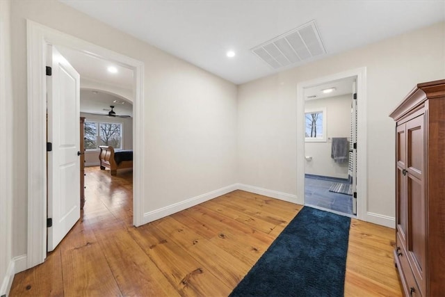 hall featuring a wealth of natural light and light hardwood / wood-style flooring