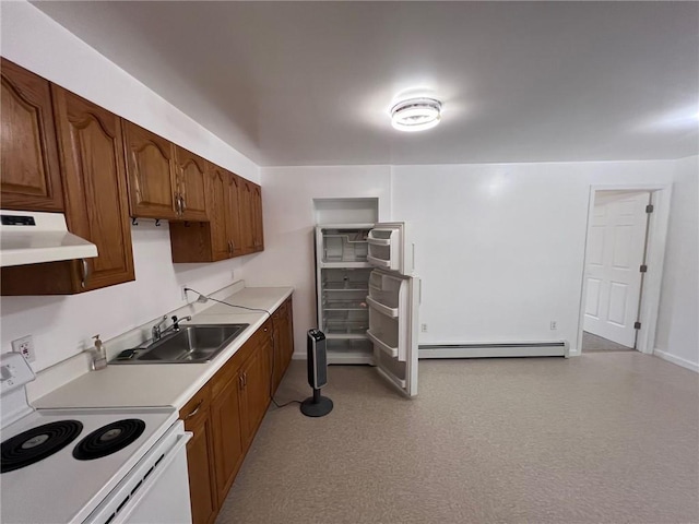 kitchen with white electric range, sink, and a baseboard radiator