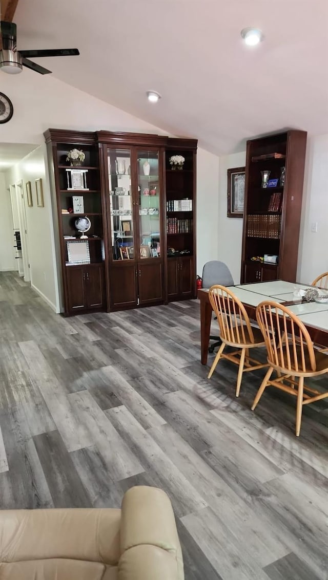 84 Upper Vacation Blvd, Fallsburg, NY 12733 - dining space featuring recessed lighting, ceiling fan, wood finished floors, and lofted ceiling