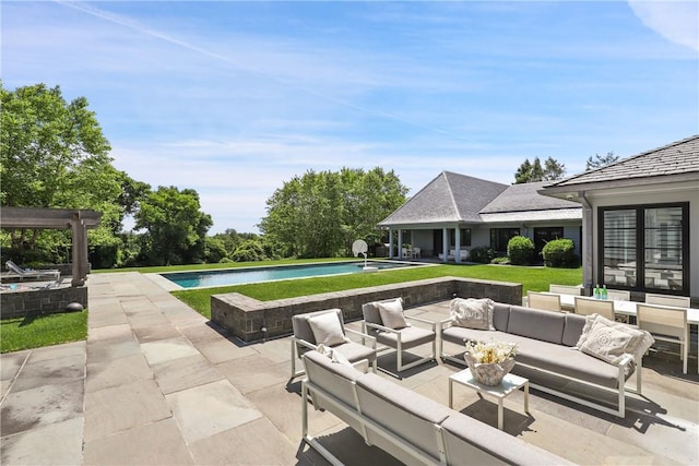 view of patio / terrace with an outdoor living space and a pergola