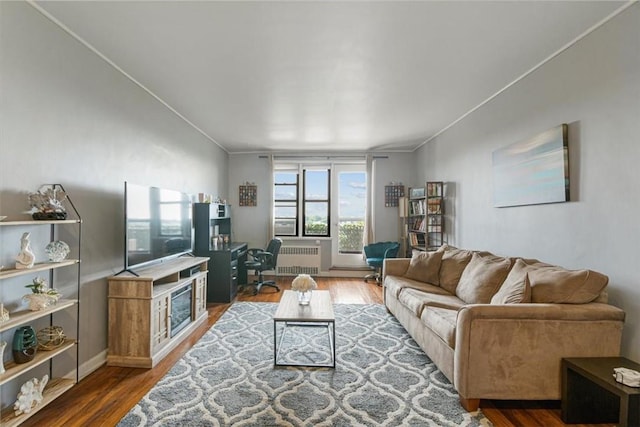 living room featuring crown molding, radiator heating unit, and dark wood-type flooring