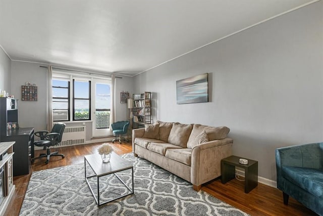 living room with radiator heating unit, wood-type flooring, and ornamental molding