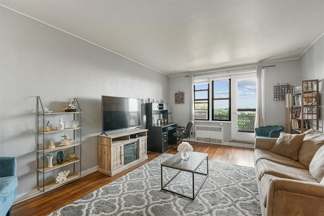 living room with radiator heating unit, ornamental molding, and hardwood / wood-style flooring