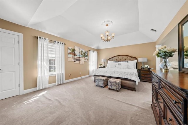 carpeted bedroom with a tray ceiling, lofted ceiling, and a notable chandelier