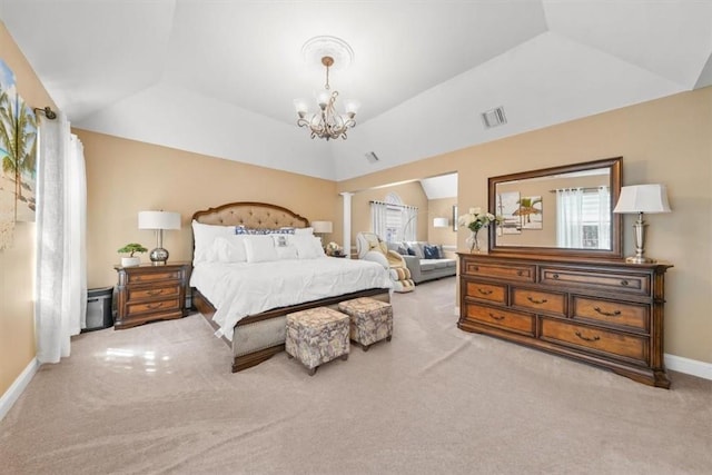 bedroom featuring light colored carpet, lofted ceiling, and a notable chandelier