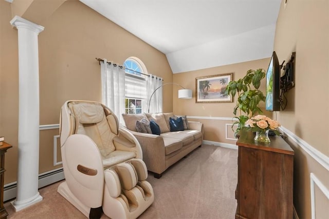 living area featuring a baseboard heating unit, light colored carpet, decorative columns, and vaulted ceiling