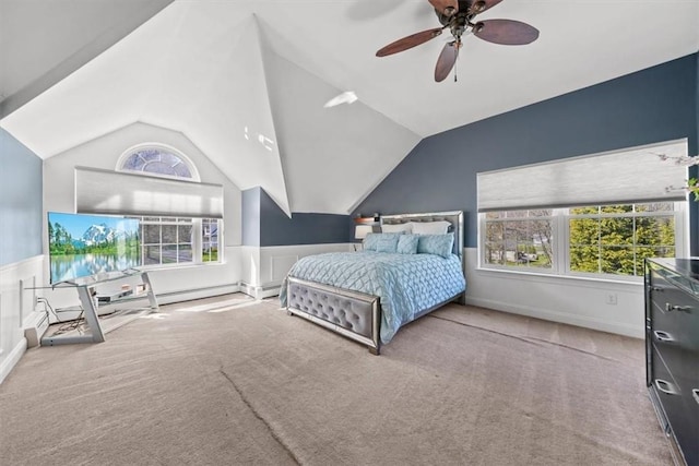 carpeted bedroom featuring ceiling fan and lofted ceiling