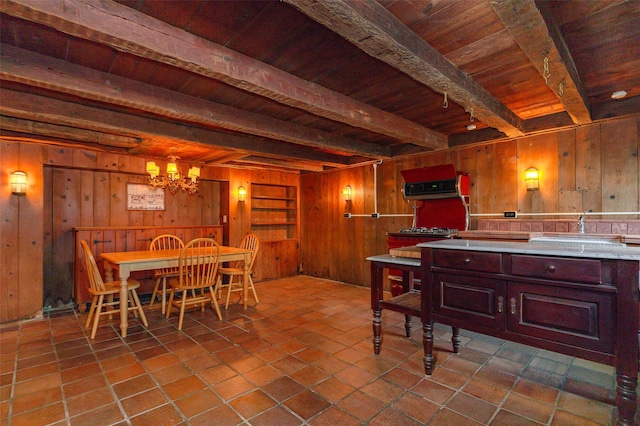 dining space featuring beamed ceiling, a notable chandelier, wood ceiling, and wooden walls