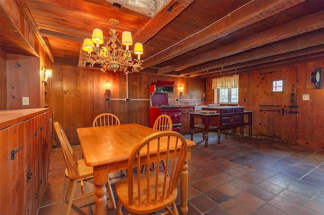 dining area featuring wooden walls, beamed ceiling, and a chandelier