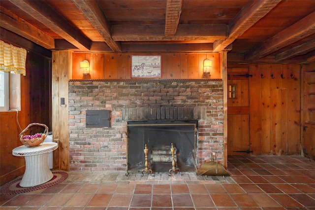 interior details featuring beam ceiling, wood ceiling, wooden walls, and a brick fireplace