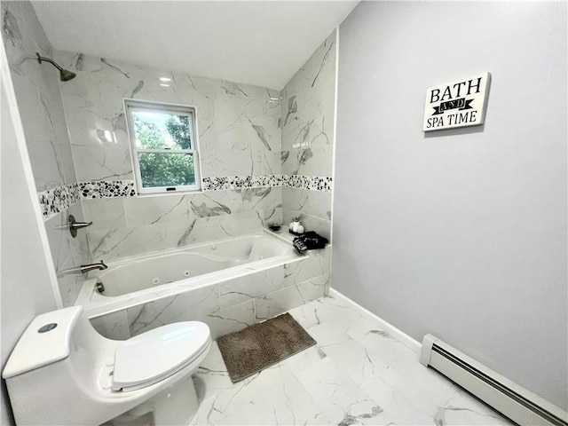 bathroom with a baseboard radiator, tiled shower / bath combo, and toilet