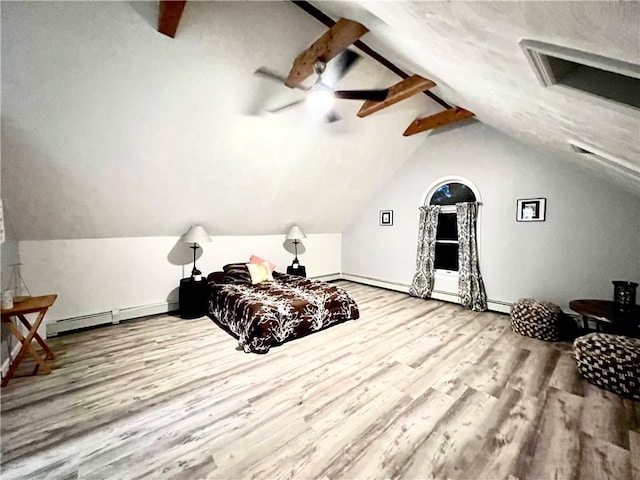 bedroom with light wood-type flooring, lofted ceiling with beams, baseboard heating, and ceiling fan