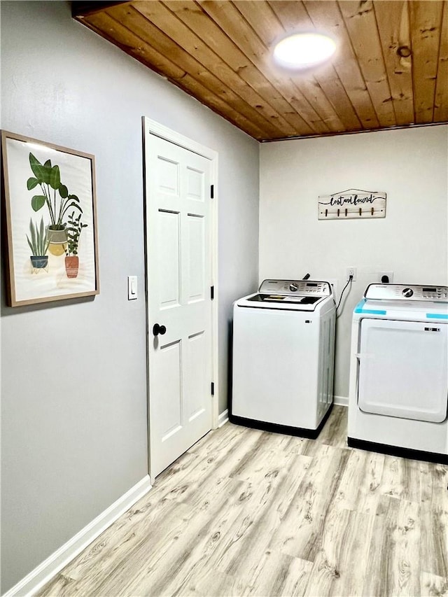 laundry room with light wood-type flooring and wooden ceiling