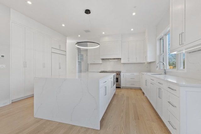 kitchen featuring a center island, high quality appliances, light wood-style flooring, custom exhaust hood, and a sink