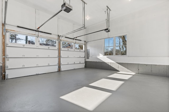 garage with electric panel and a garage door opener