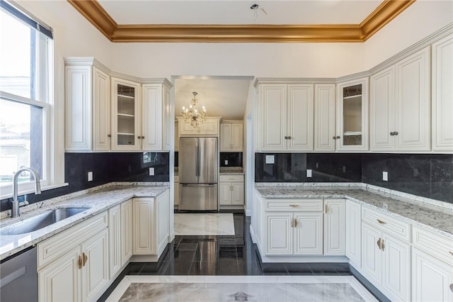101 Summit Ave, Mount Vernon, NY 10550 - kitchen with stainless steel appliances, a sink, ornamental molding, a chandelier, and plenty of natural light