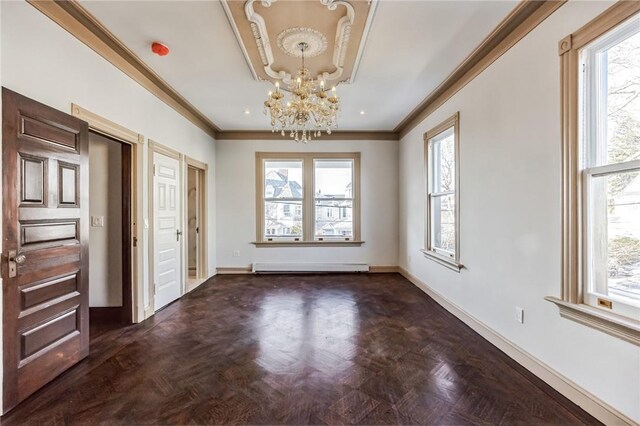 interior space featuring a notable chandelier, dark parquet floors, crown molding, and a baseboard radiator