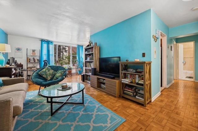 living room featuring light parquet floors