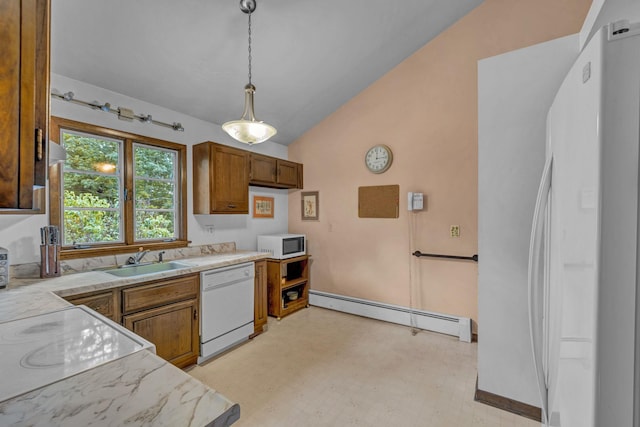 138 Reinhardt Rd, Middletown, NY 10940 - kitchen featuring white appliances, a baseboard radiator, vaulted ceiling, brown cabinetry, and light countertops
