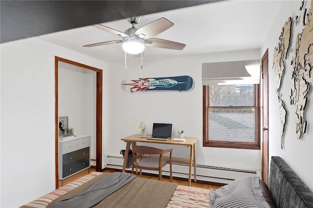 bedroom with hardwood / wood-style flooring, a baseboard radiator, and ceiling fan