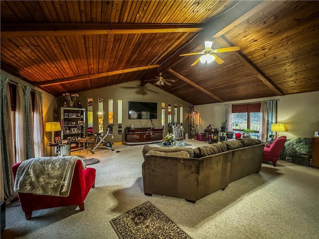 living room with carpet, vaulted ceiling with beams, and wood ceiling