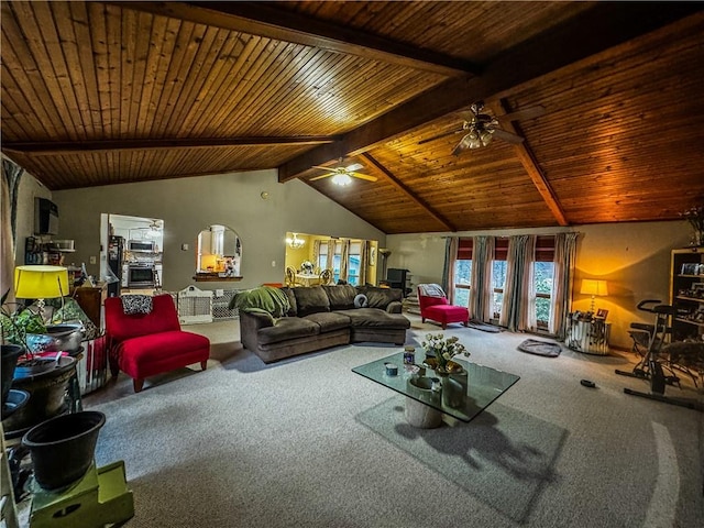 living room featuring carpet, vaulted ceiling with beams, ceiling fan, and wooden ceiling