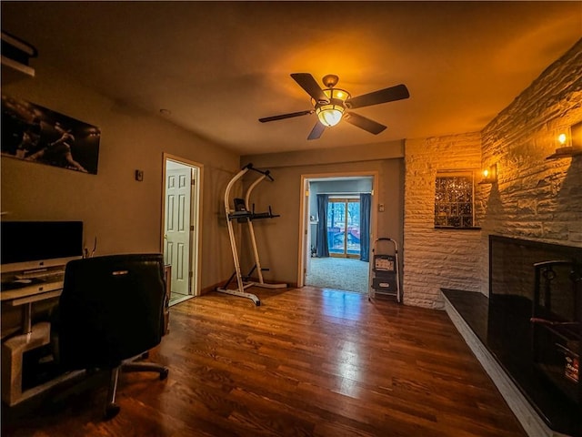 office featuring ceiling fan and dark hardwood / wood-style flooring