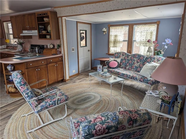 living room with light wood-type flooring and crown molding