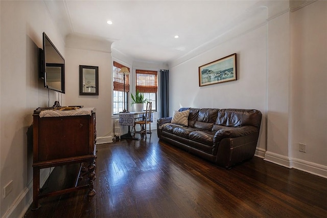 living room featuring dark hardwood / wood-style floors and ornamental molding