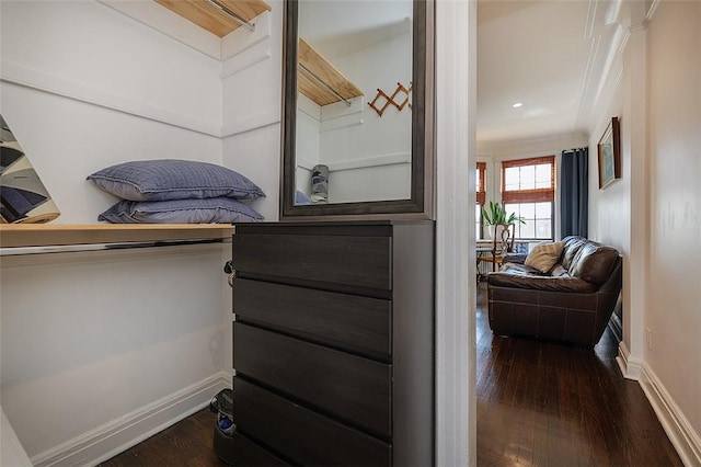 interior space with dark wood-type flooring