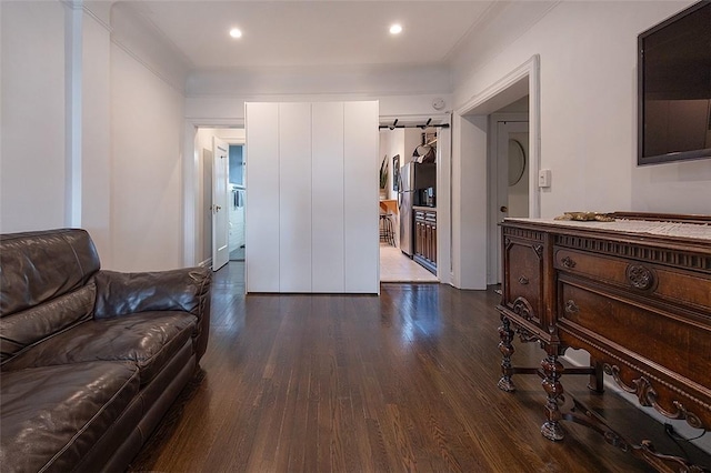 living room with dark hardwood / wood-style floors