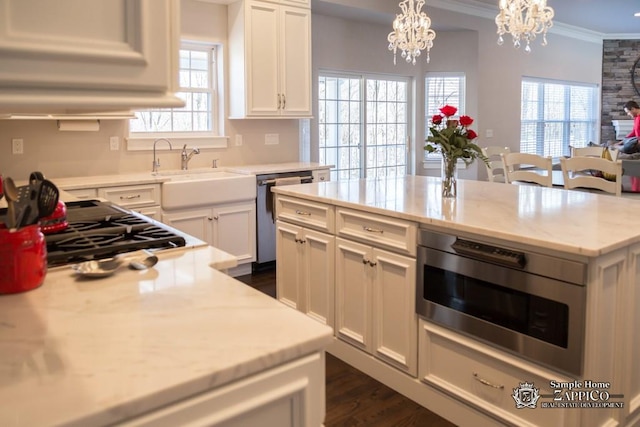 kitchen with a notable chandelier, plenty of natural light, ornamental molding, and appliances with stainless steel finishes