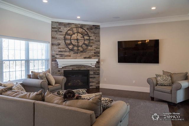 living room with dark hardwood / wood-style floors and ornamental molding