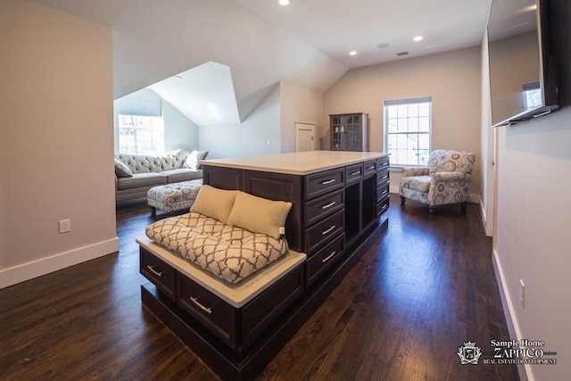 bedroom featuring dark hardwood / wood-style flooring and vaulted ceiling