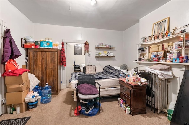 bedroom with light colored carpet