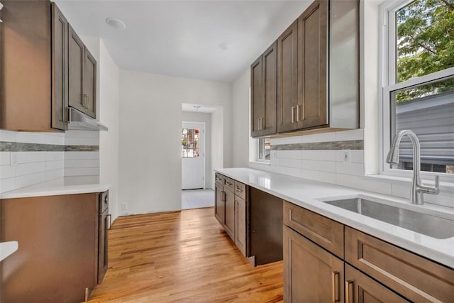 kitchen with tasteful backsplash, light hardwood / wood-style flooring, and sink