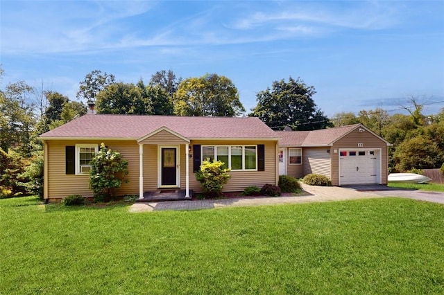 59 Ludingtonville Rd, Holmes, NY 12531 - ranch-style home with asphalt driveway, a front lawn, a garage, and a chimney