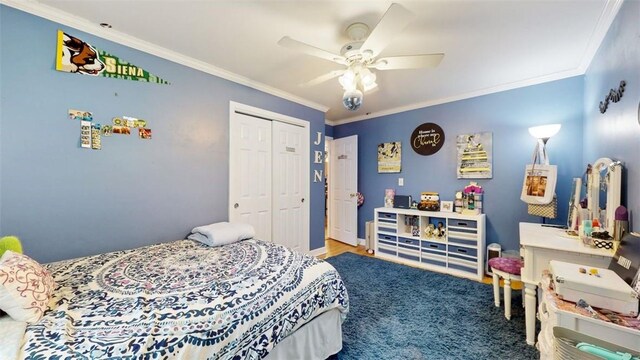 59 Ludingtonville Rd, Holmes, NY 12531 - bedroom featuring ornamental molding, a closet, ceiling fan, and carpet floors