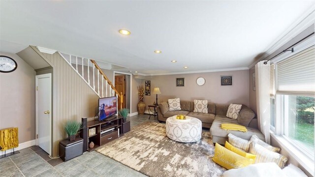 59 Ludingtonville Rd, Holmes, NY 12531 - living area featuring stairway, crown molding, baseboards, and recessed lighting