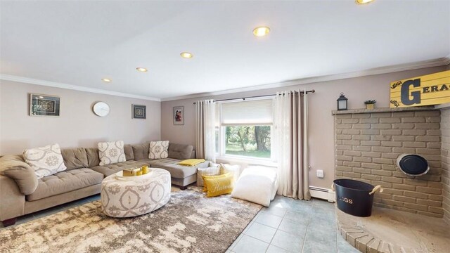 59 Ludingtonville Rd, Holmes, NY 12531 - living area featuring a baseboard radiator, crown molding, tile patterned flooring, and recessed lighting