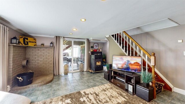 59 Ludingtonville Rd, Holmes, NY 12531 - living room with ornamental molding, baseboards, stairway, recessed lighting, and attic access