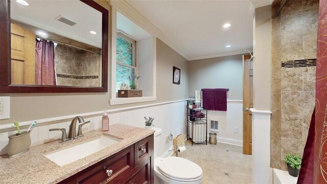 59 Ludingtonville Rd, Holmes, NY 12531 - full bathroom featuring vanity, crown molding, wainscoting, toilet, and recessed lighting