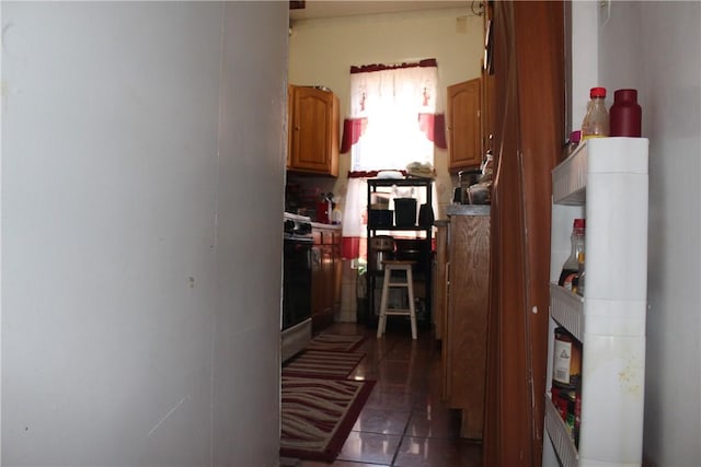 hall with dark tile patterned floors