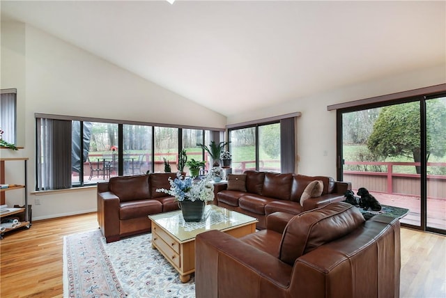 living room featuring light wood-type flooring and high vaulted ceiling