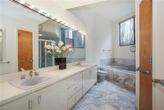 full bathroom with vanity, toilet, and shower with separate bathtub