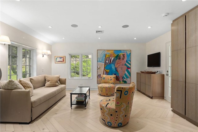 living room with light parquet flooring