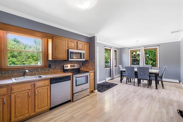7 Joan Ln, Wappingers Falls, NY 12590 - kitchen with appliances with stainless steel finishes, a sink, baseboards, backsplash, and ornamental molding