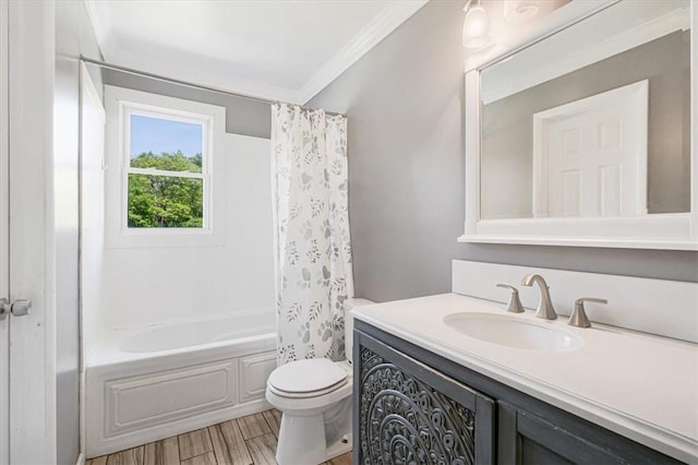 7 Joan Ln, Wappingers Falls, NY 12590 - bathroom featuring vanity, toilet, ornamental molding, shower / tub combo, and wood finished floors