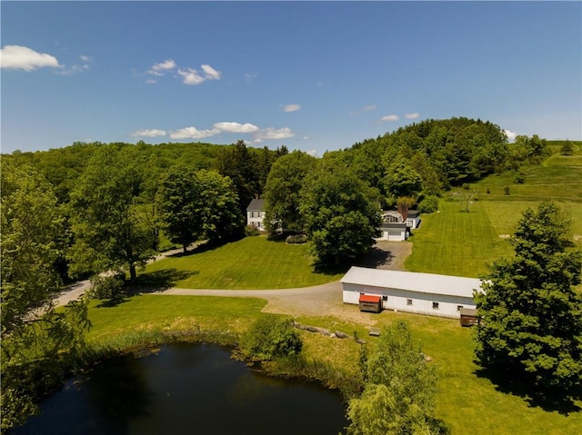 birds eye view of property featuring a rural view and a water view