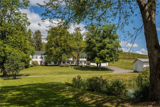 view of community with a water view and a lawn